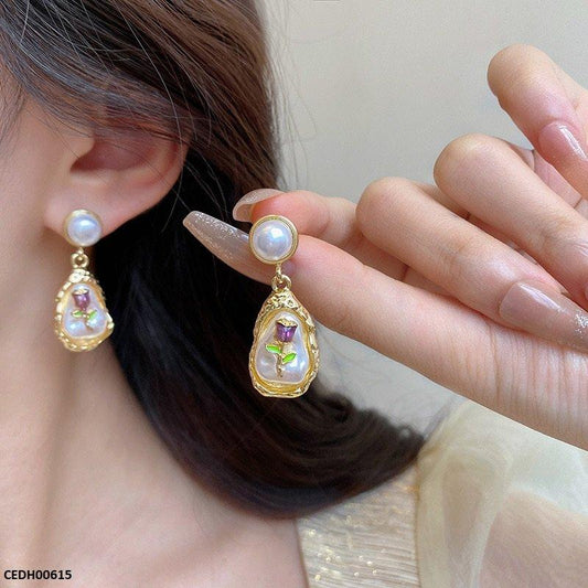 DH00615 HJF Oval Pearl Flower Drop - CEDH