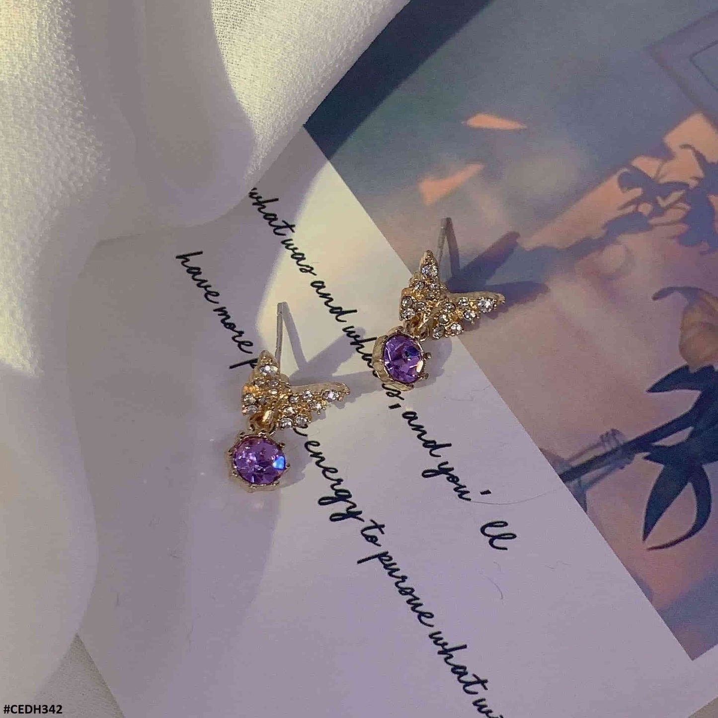 CEDH342 BTO Butterfly Ear Drop Earrings Pair - CEDH