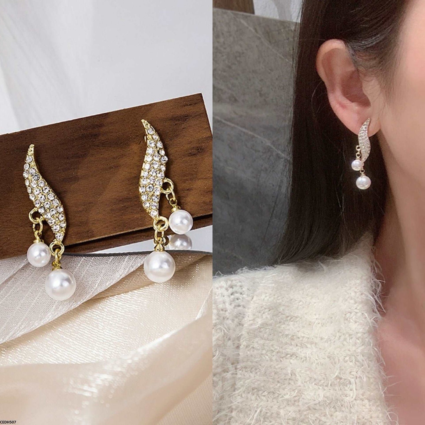 CEDH507 BTO Leaf Pearl Drop Earrings Pair - CEDH