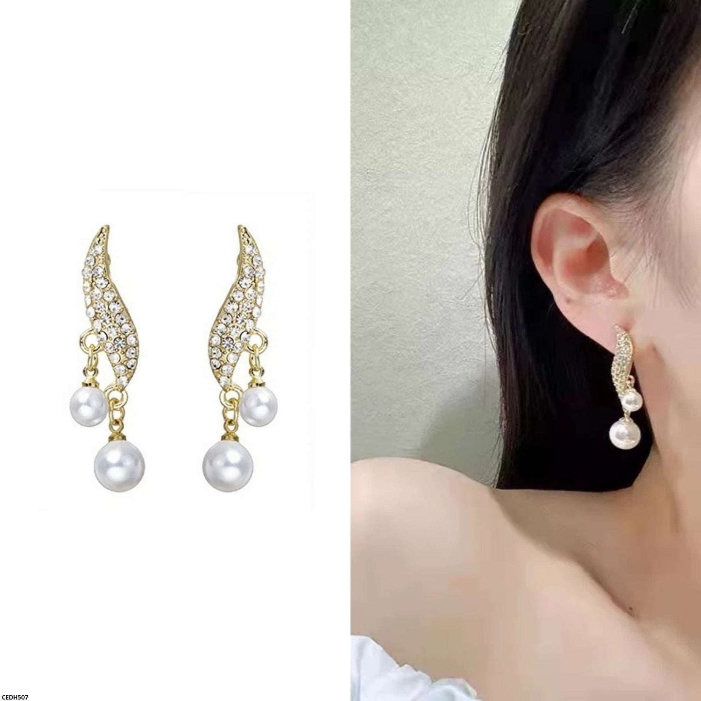 CEDH507 BTO Leaf Pearl Drop Earrings Pair - CEDH