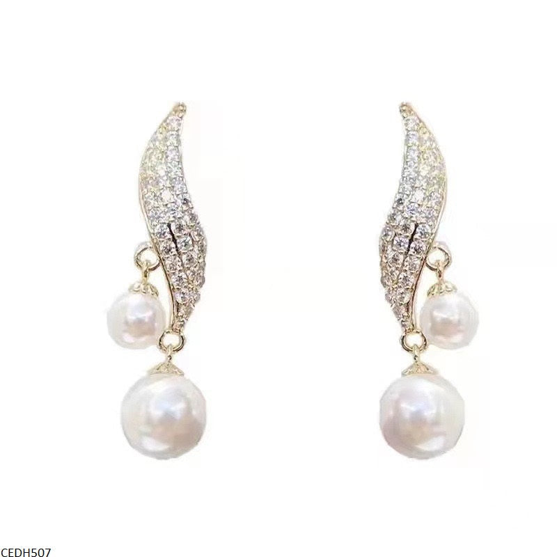 CEDH507 BTO Leaf Pearl Drop Earrings Pair - CEDH