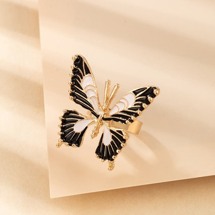 CRGH380 YYE Black & White Painted Butterfly Adjustable Ring - CRGH
