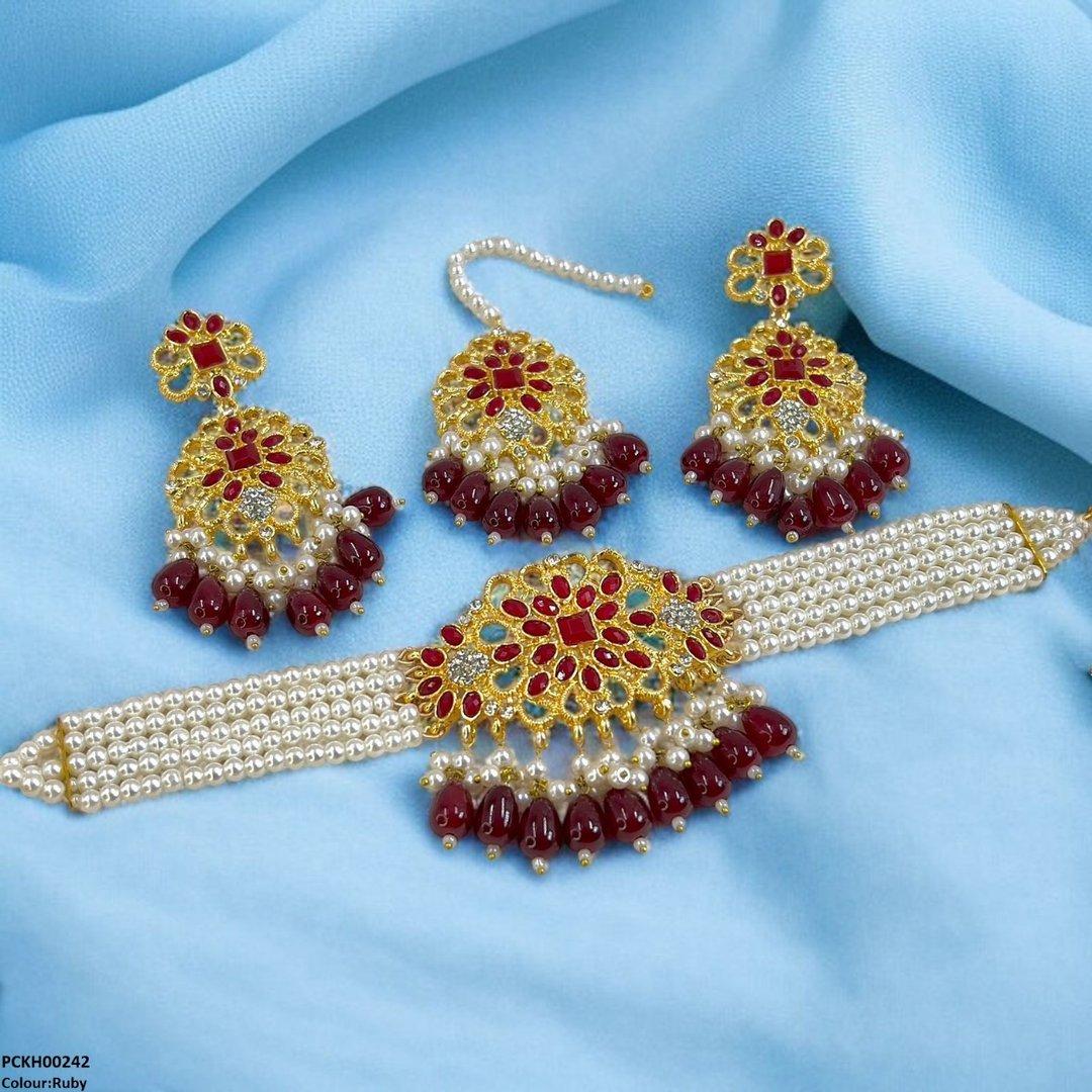 KH00242 MZM Square Flower Pearl Drop Choker Set - PCKH