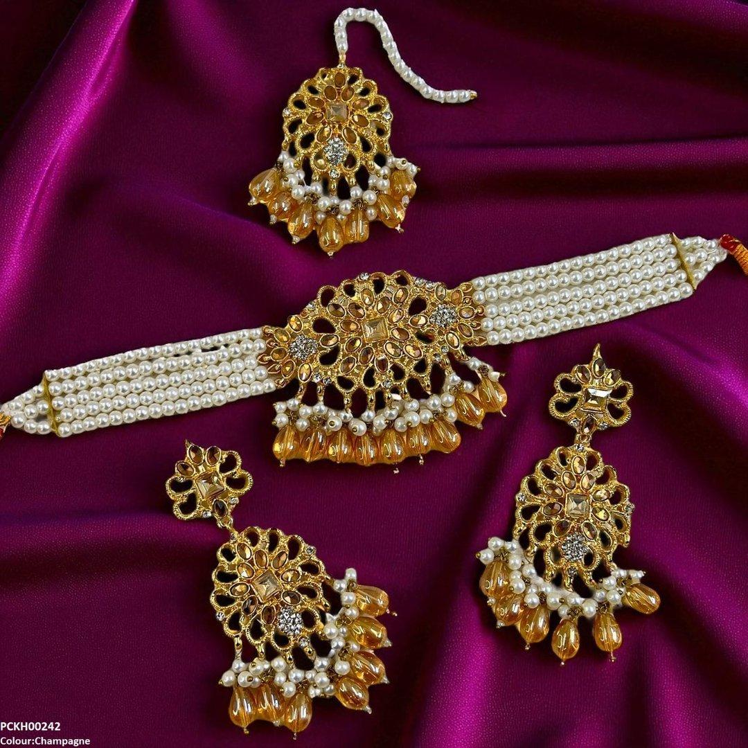 KH00242 MZM Square Flower Pearl Drop Choker Set - PCKH