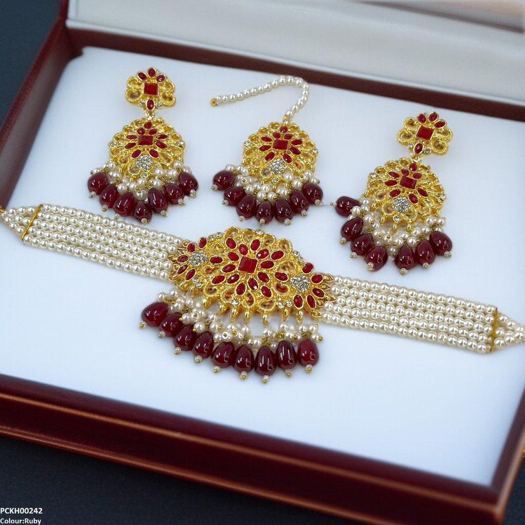 KH00242 MZM Square Flower Pearl Drop Choker Set - PCKH