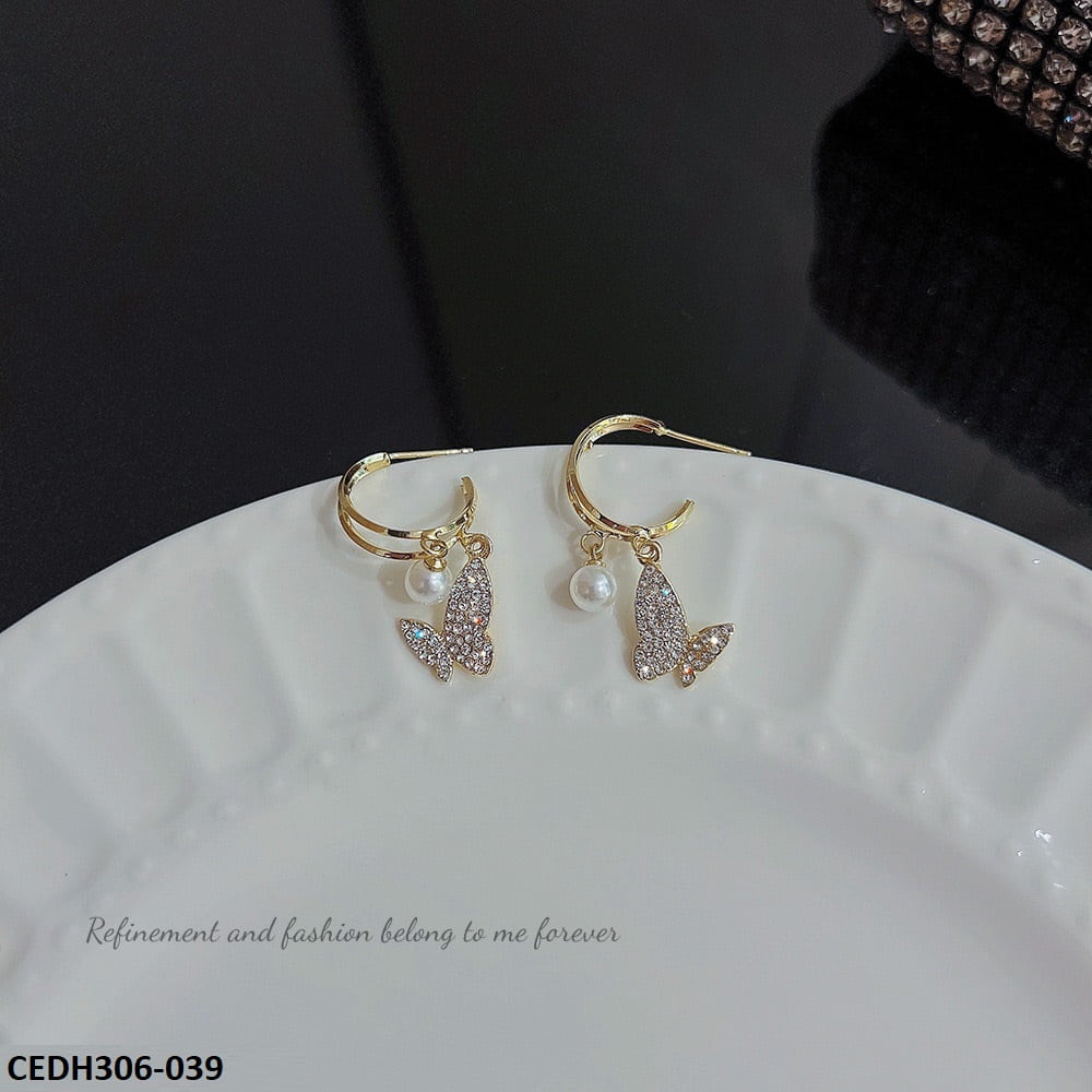 CEDH306 DDJ Butterfly pearl Drop Earrings Pair - CEDH