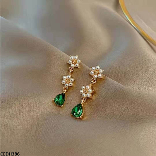 CEDH386 SYB Flower Green Tear Drop Earrings Pair - CEDH