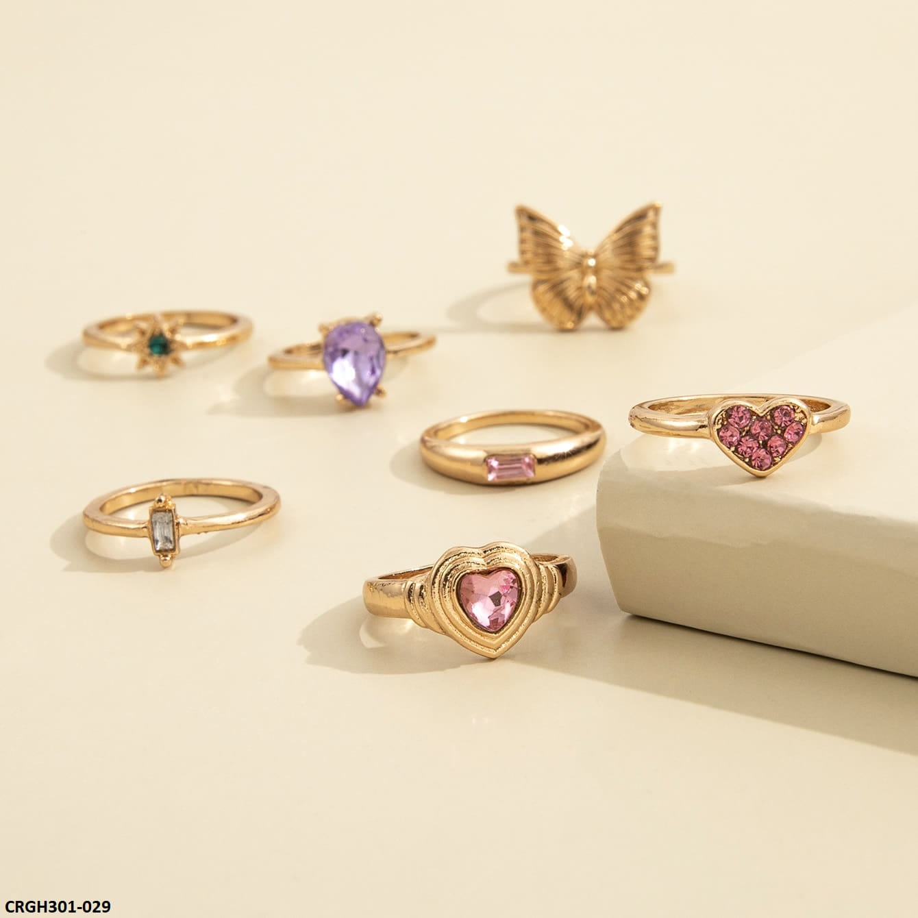 CRGH301 YPG Butterfly & Heart & Flower Midi 7 Rings - CRGH