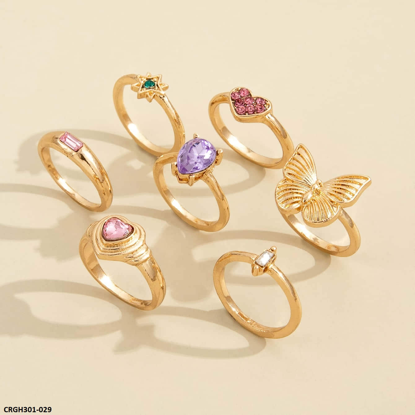 CRGH301 YPG Butterfly & Heart & Flower Midi 7 Rings - CRGH