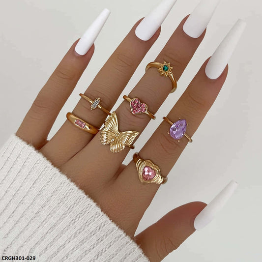 CRGH301 YPG Butterfly & Heart & Flower Midi 7 Rings - CRGH