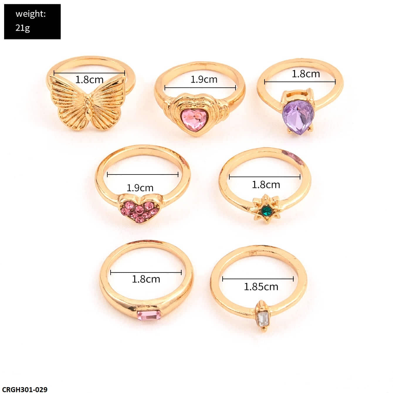 CRGH301 YPG Butterfly & Heart & Flower Midi 7 Rings - CRGH