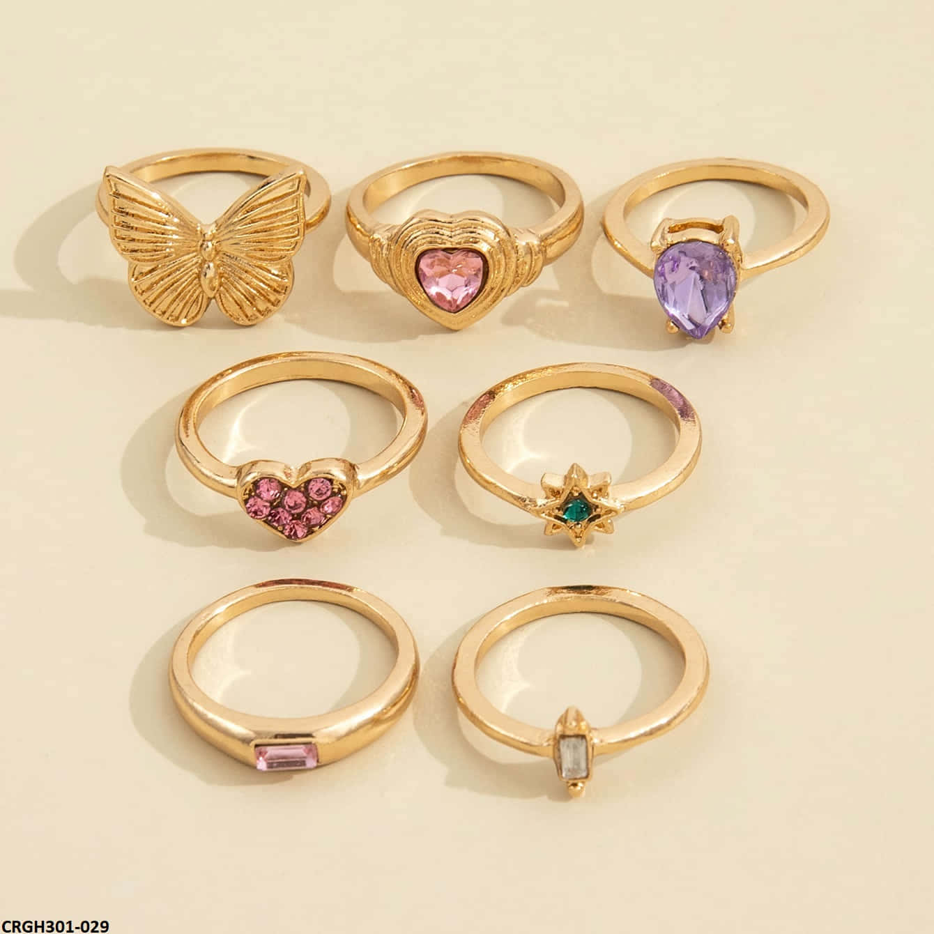 CRGH301 YPG Butterfly & Heart & Flower Midi 7 Rings - CRGH