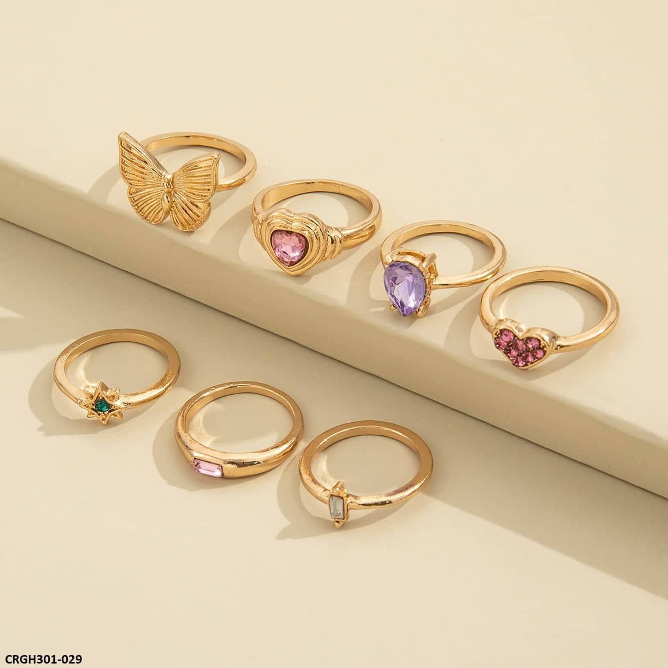 CRGH301 YPG Butterfly & Heart & Flower Midi 7 Rings - CRGH