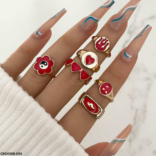 CRGH308 YPG Heart & Flower Painted 6 Rings - CRGH