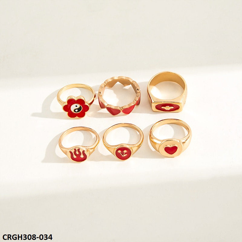 CRGH308 YPG Heart & Flower Painted 6 Rings - CRGH