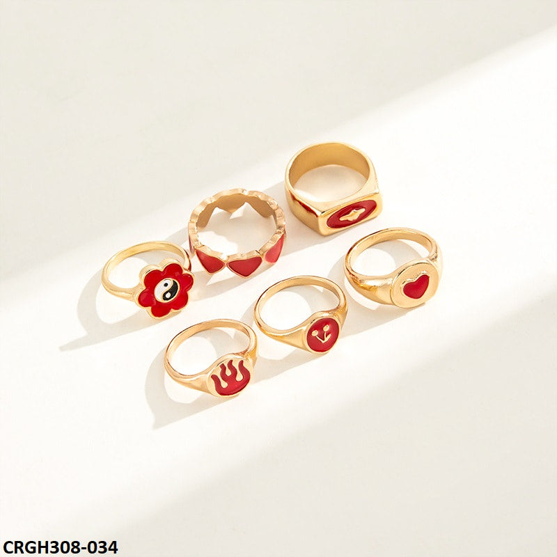 CRGH308 YPG Heart & Flower Painted 6 Rings - CRGH
