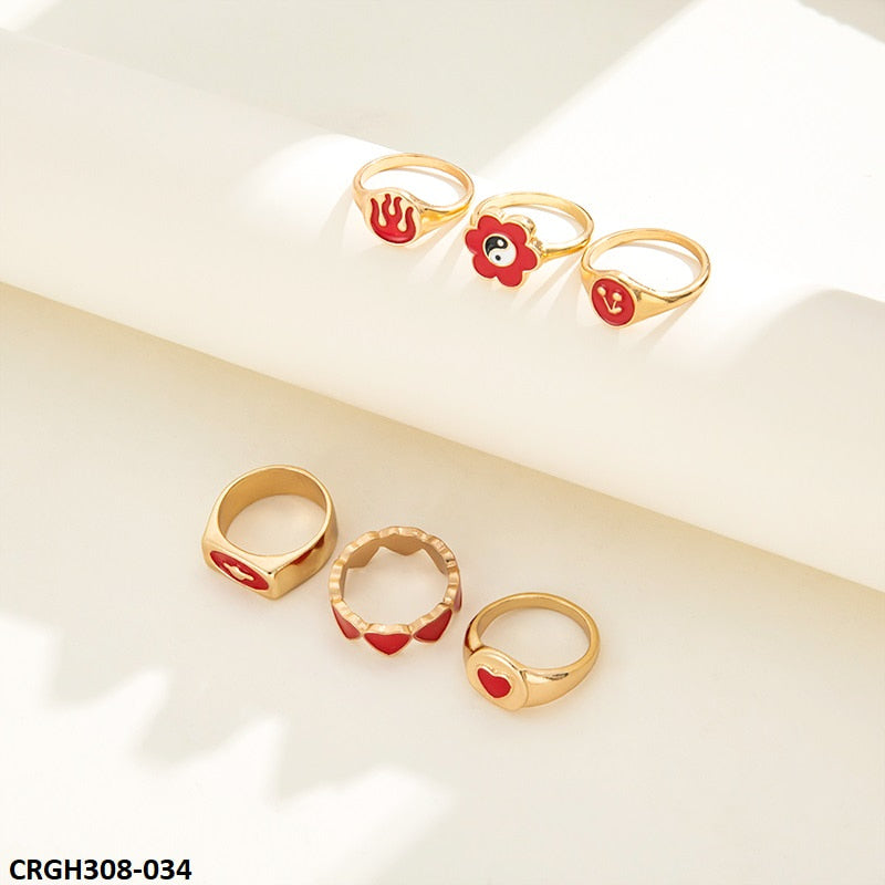 CRGH308 YPG Heart & Flower Painted 6 Rings - CRGH