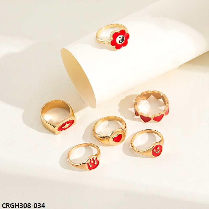 CRGH308 YPG Heart & Flower Painted 6 Rings - CRGH