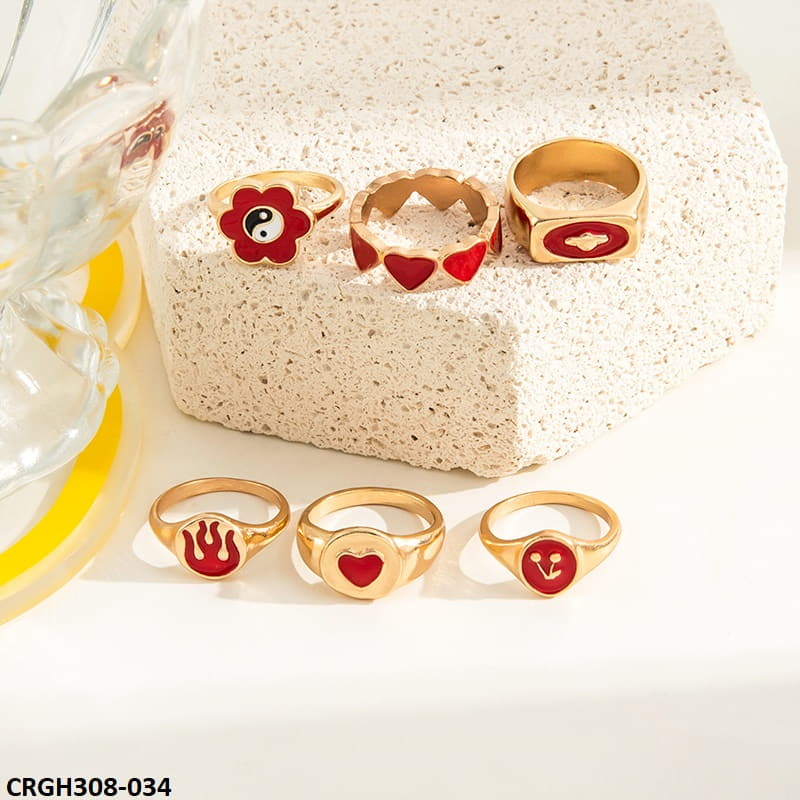 CRGH308 YPG Heart & Flower Painted 6 Rings - CRGH