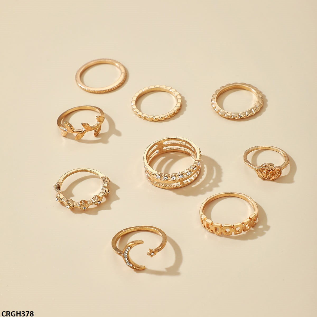 CRGH378 YYE Flower/Moon/Leaf 9 Midi Rings - CRGH