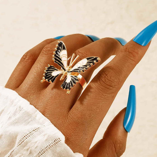 CRGH380 YYE Black & White Painted Butterfly Adjustable Ring - CRGH
