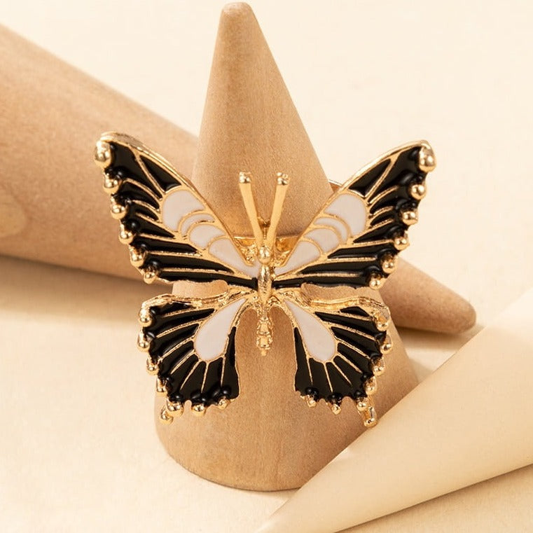 CRGH380 YYE Black & White Painted Butterfly Adjustable Ring - CRGH