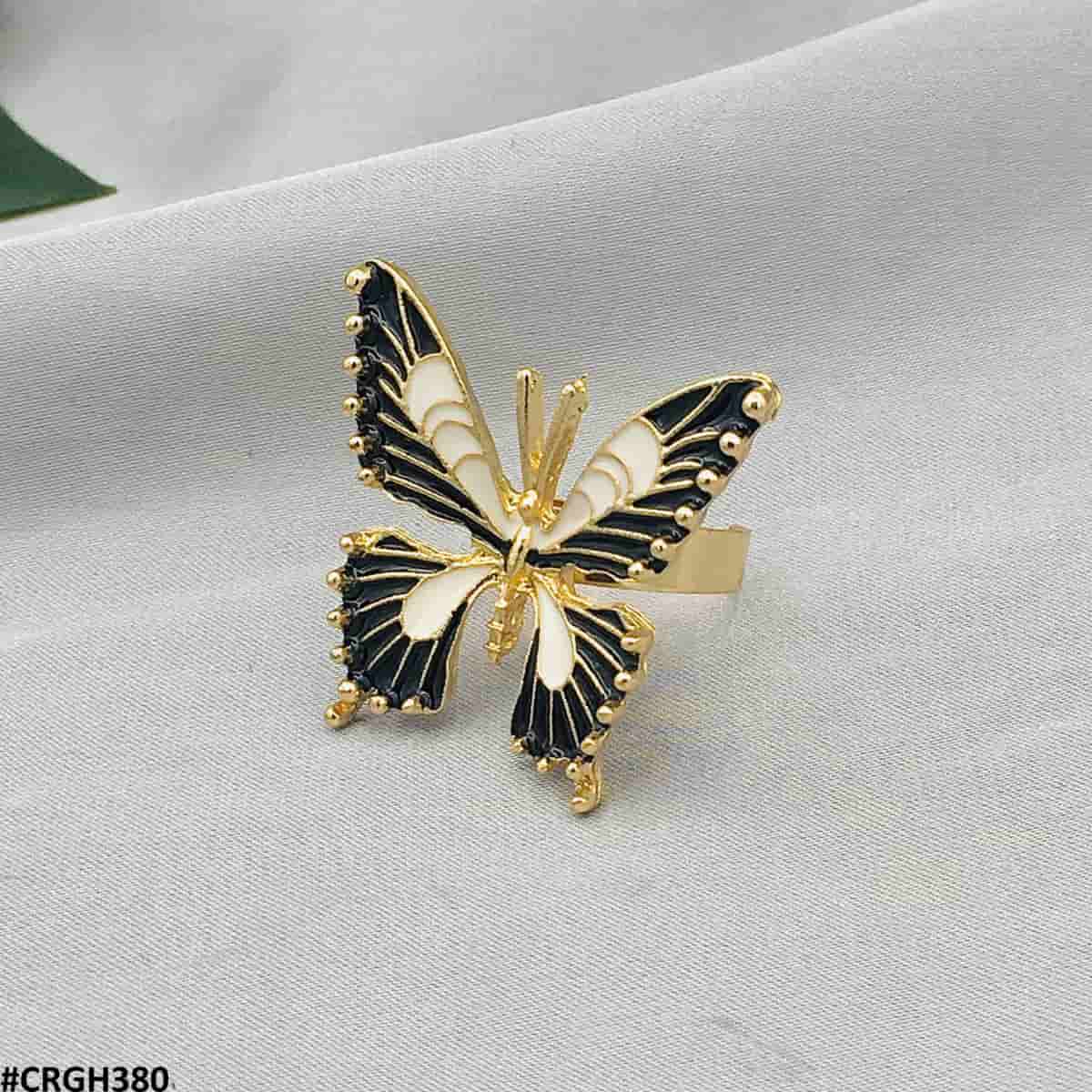 CRGH380 YYE Black & White Painted Butterfly Adjustable Ring - CRGH