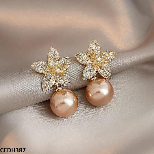 DH387 SYB Flower Shinning Pearl Drop Earrings Pair