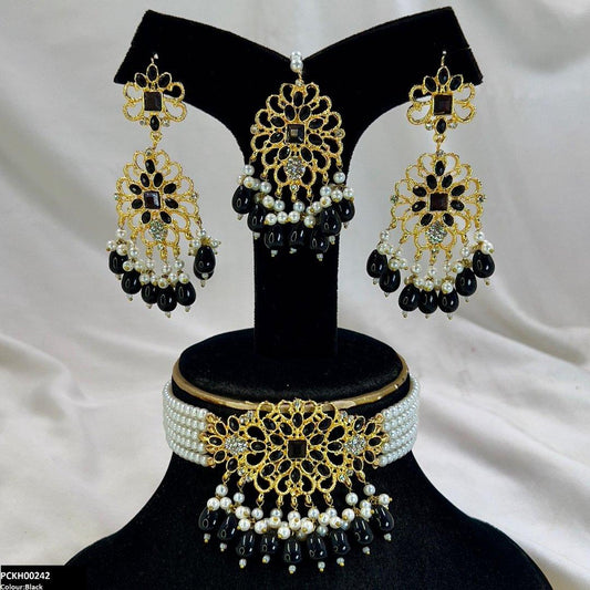 KH00242 MZM Square Flower Pearl Drop Choker Set - PCKH