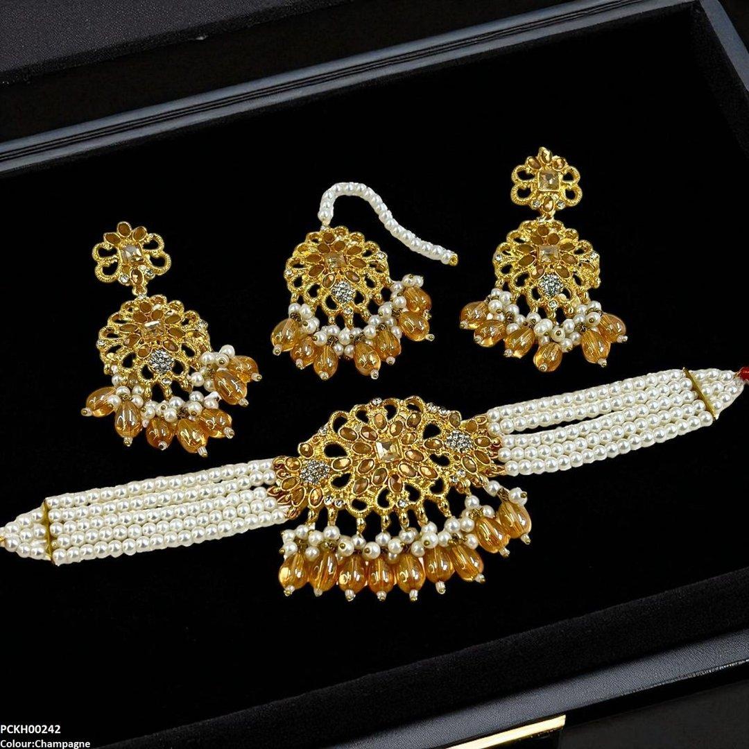 KH00242 MZM Square Flower Pearl Drop Choker Set - PCKH