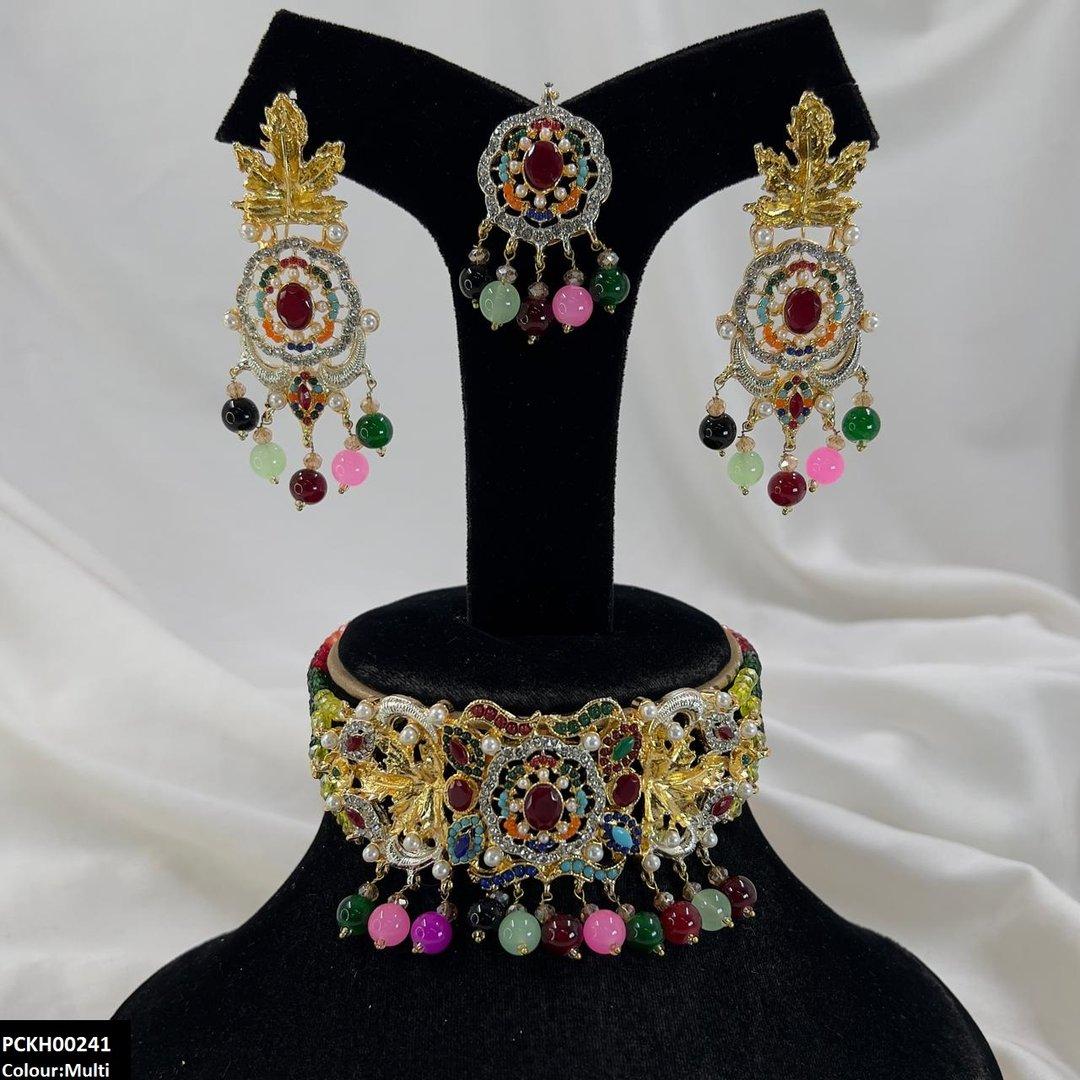 KH00241 SDQ Oval/Leaf Pearl Drop Choker Set - PCKH